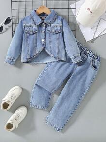 2pcs Girls Casual Denim Jacket Coat + Matching Denim Pants Set