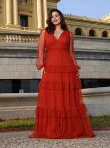 LONG DRESS FOR WEDDING BRIDESMAID TULLE LAYERS LONG SLEEVES - Burnt Orange - View 1