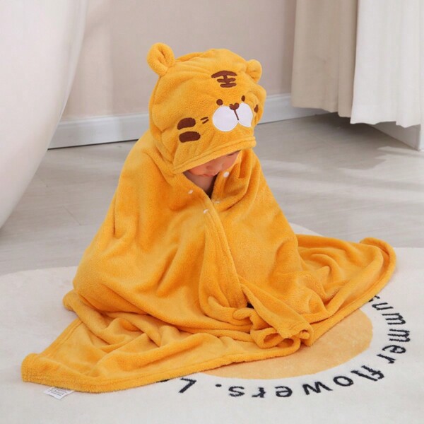 1 pieza Capa de toalla de baño con capucha para niños con diseño de tigre, capa de toalla de baño para niños con gruesa tela de coral polar, fuerte absorción de agua, sin pérdida de cabello ni decoloración, absorción de agua después del baño, capa de toalla de baño a prueba de viento y sol con diseño de dibujos animados lindo