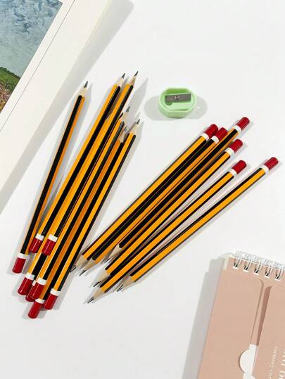 6/8pcs HB Pencils, Yellow Striped Basswood Barrels, 0.7mm Medium Tips, HB Hardness - Ideal For Students And Office Use Back To School