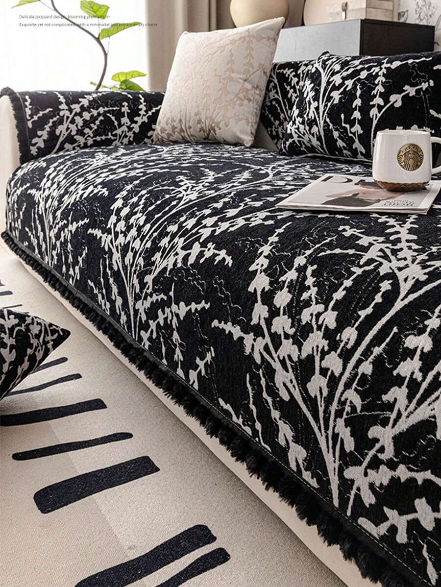 1 pieza Funda de sofá de jacquard de chenilla de lujo, anti-arañazos de gato, universal para las cuatro estaciones, de estilo sencillo y lujoso, protector de muebles resistente a las manchas para dormitorio, oficina, sala de estar y decoración del hogar - Negro - Ver 1