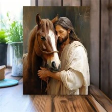 1pc Rustic Jesus And Horse Canvas Art, Gentlemanly Jesus Comforting Standing Horse, Wood/Pine Frame, Perfect For Bedroom, Living Room, Office Decor, Vertical Wall Hanging Print Gift- Posters,Wall Art,Room Decoration Stuff - Multicolor - View 12