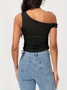 Womens Off Shoulder Ruched Crop Tank Tops One Shoulder Twist Strap Crop Tops Summer Going Out Top Crop Shirts Summer  Streetwear - 黑色 - 查看 8