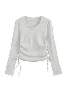 Early Spring Korean Style Fitted Round Neck Drawstring Design Versatile Long Sleeve T-Shirt For Women