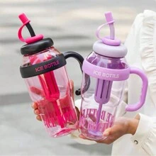 Large Silicone Water Bottle With Straw 1350ml Capacity With Portable Filter Plastic Bottle With Straw And Handle - 乾枯玫瑰色 - 查看 4
