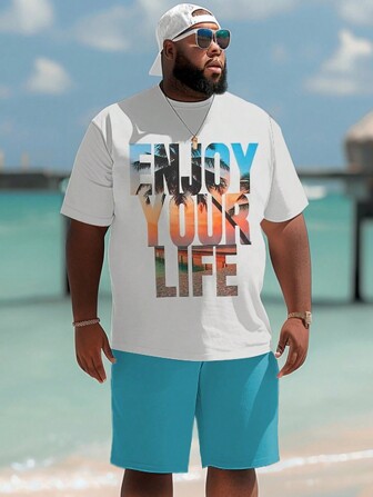 Men's Plus Size Casual Gradient Letter Print T-Shirt & Shorts Set, Cozy Outfits