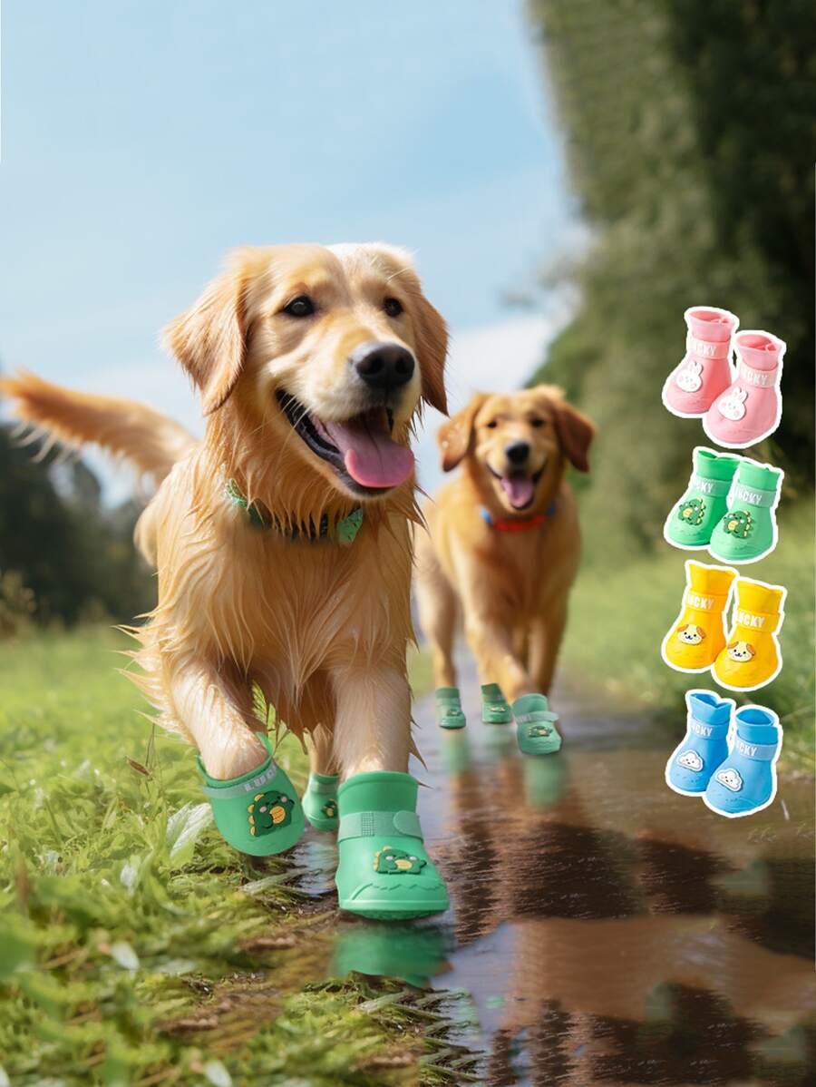 4 件套粉色卡通狗硅胶雨靴，防水宠物鞋，适合金毛猎犬、拉布拉多犬和小型/中型犬 - 粉色 - 查看 1