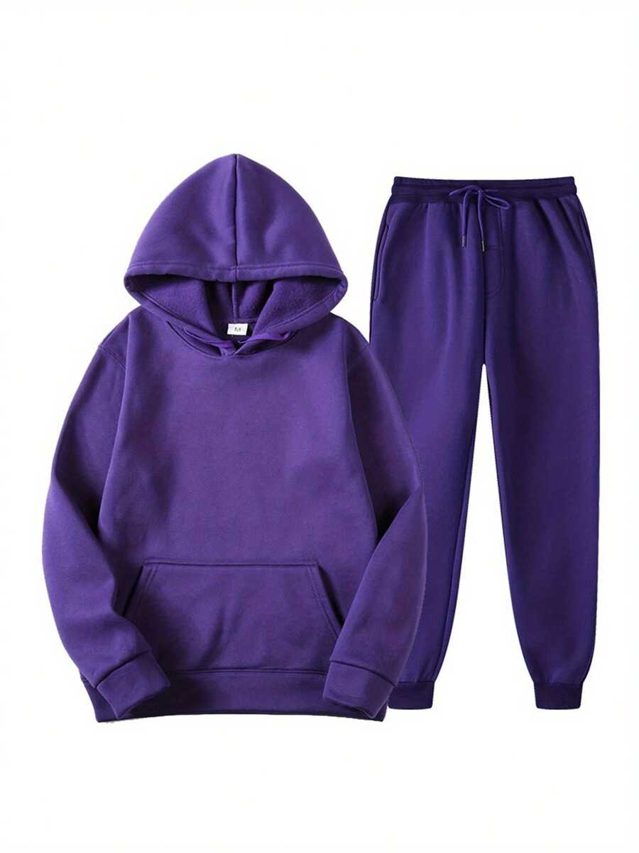 2Pcs Womens Spring Fall Sportswear Solid Color Hooded Long Sleeves Sweatshirt Drawstring Slacks Set Streetwear - Purple - View 1