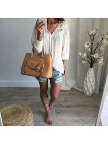 Women's Long Sleeve Pure Tops Lace Patchwork V Neck Lace-Up Top Clothes - White - View 4