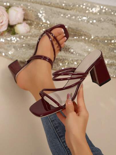 法式优雅女士凉鞋，女士新款夏季，粗跟窄带时尚绑带设计高跟凉鞋，适合约会、购物、派对、通勤、商务、宴会、聚会