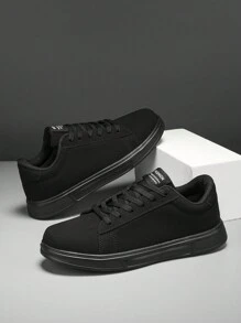 男士简约拼接黑色休闲滑板鞋，时尚商务轻便舒适户外步行运动鞋，百搭情侣鞋 - 黑色 - 查看 4