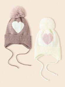 1 件婴儿绒球无檐小便帽，舒适针织冬季温暖心形可爱帽子，适合儿童，户外配饰，适合 1-3 岁 - 愛心 - 查看 1