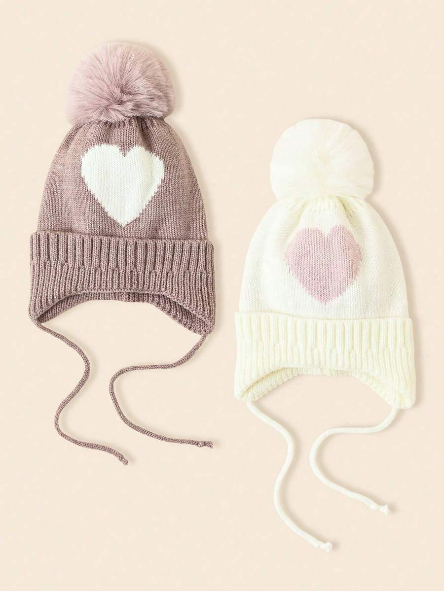 1 件婴儿绒球无檐小便帽，舒适针织冬季温暖心形可爱帽子，适合儿童，户外配饰，适合 1-3 岁 - 愛心 - 查看 1