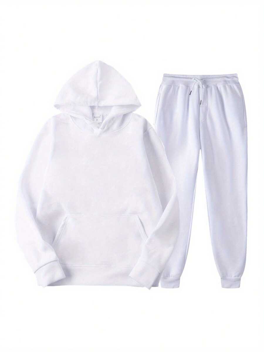 2Pcs Womens Spring Fall Sportswear Solid Color Hooded Long Sleeves Sweatshirt Drawstring Slacks Set Streetwear - White - View 1