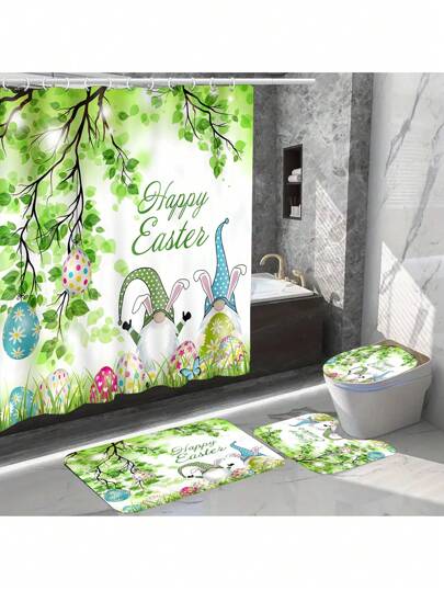 Easter Waterproof Shower Curtain Set With 12 Hooks And Bath Mats Toilet Covers Seat For Bathroom Non-Slip Rug Carpet Polyester Fabric Curtain For Bathroom Accessories Home Decor Room Decor