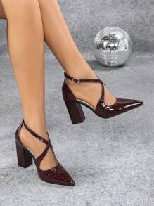 Chunky Heel Peep Toe Hollow-Out High Heel Shoes, Pointed Toe Pumps