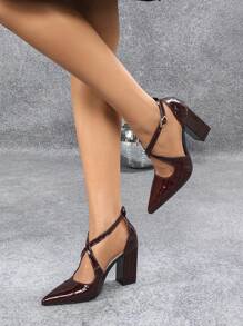 Chunky Heel Peep Toe Hollow-Out High Heel Shoes, Pointed Toe Pumps