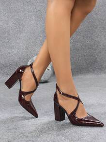 Chunky Heel Peep Toe Hollow-Out High Heel Shoes, Pointed Toe Pumps