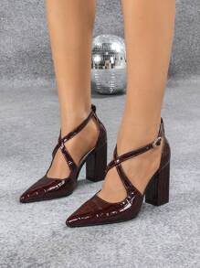 Chunky Heel Peep Toe Hollow-Out High Heel Shoes, Pointed Toe Pumps