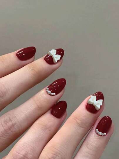 24 件短椭圆形蝴蝶结珍珠设计红色指甲尖按压指甲短完美贴合设计亚克力假指甲套装，包括：1 件果冻胶和 1 件指甲锉，适合女士和女孩日常生活和派对使用美甲用品指甲