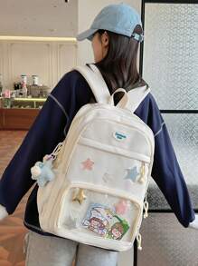 حقيبة ظهر نسائية باللون الوردي، حقيبة ظهر شفافة أنيقة من تصميم اللحف العشوائي، حقيبة نايلون كاجوال سعة كبيرة للسفر، حقيبة أنثوية هاراجوكو (مع خلاصة نجمة خماسية اللون عشوائي وبطاقة) - متعدد الألوان - مشاهدة 8