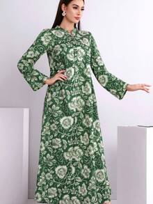 Quần áo thu đông mới dài tay thanh lịch dài khiêm tốn váy phụ nữ kaftan toàn thân in hoa phụ nữ rộng rãi dài Ả Rập khiêm tốn váy áo choàng abaya in hoa maxi khiêm tốn váy - màu xanh lá - Xem 5