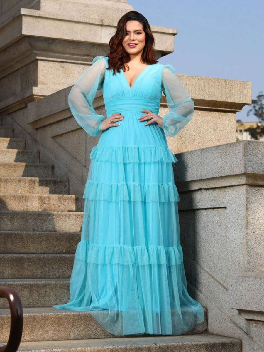 LONG DRESS FOR WEDDING BRIDESMAID TULLE LAYERS LONG SLEEVES - Blue - View 1