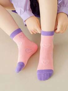 5 Pairs Kids Socks, Thick Striped & Letter Print Mid-Calf Socks For Baby Boys & Girls, Pink Heart Princess Socks - Multicolor - View 6