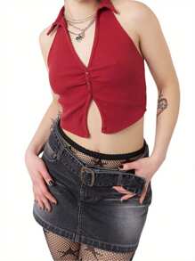 Tops sin mangas de mujer con cuello de solapa, tops cortos con botones de unicolor - Rojo - Ver 2