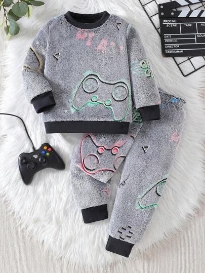 بدلة بيجاما للأطفال الصغار بياقة مستديرة طويلة الأكمام، بتصميم لوحة تحكم ألعاب مريحة مريحة، تضيء تحت الضوء البنفسجي