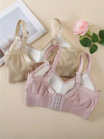 2pcs/Set Soft Seamless Lace Trim Bras, Comfortable Daily Support T-Shirt Bra, Versatile Elegant Style, Breathable Cup