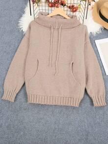 Plus Size Casual Loose Cowl Neck Drawstring Knit Sweater, For Winter - Khaki - View 4