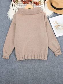 Plus Size Casual Loose Cowl Neck Drawstring Knit Sweater, For Winter - Khaki - View 5