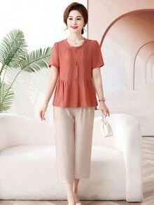 新款夏季女士中老年休闲宽松遮肚短袖衬衫上衣 - 桔紅色 - 查看 5