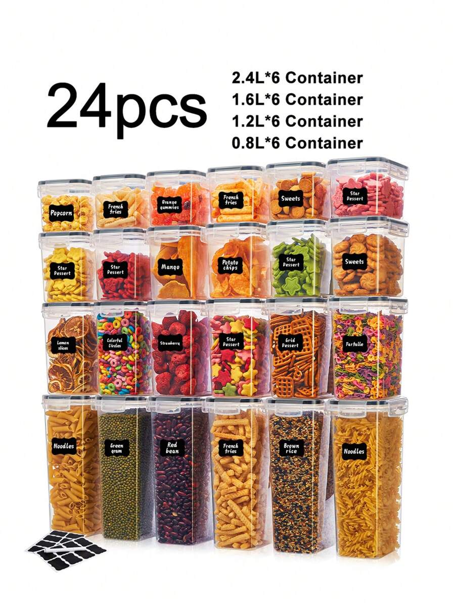 3/4/5/6/7/9/10/11/12/15/18/24/28/30/32 件密封食品储存容器：用于意大利面、干粮、面粉和糖的塑料罐 - 含标签！