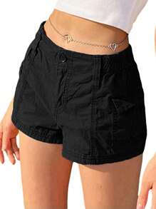Pantalones cortos cargo de mujer de unicolor, vintage, elásticos, informales, de cintura baja, con bolsillos para el uso en discotecas y ropa de calle - Negro - Ver 2