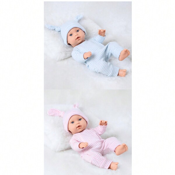 12 Inch Baby Doll, Cute Newborn Doll, Reborn Doll Companion Doll, Blue/Pink Striped Rabbit Ear Outfit, Perfect Gift For Kids