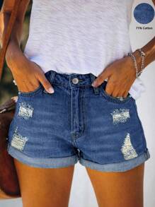 Women's Summer Mid Rise Ripped Denim Shorts Stretchy Butt Lifting Jean Shorts - Rửa tối - Xem 1