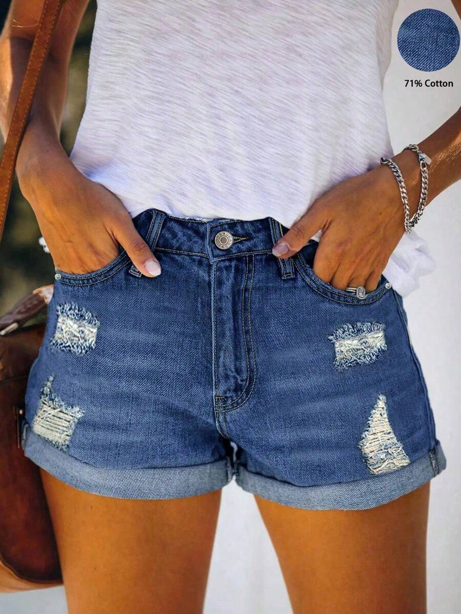 Women's Summer Mid Rise Ripped Denim Shorts Stretchy Butt Lifting Jean Shorts - Rửa tối - Xem 1