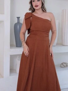 Victoria Long Luxury Dress Plain Duna Linen With Bow One Shoulder - 摩卡棕 - 查看 4