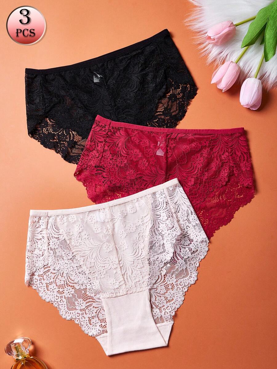 APRSEA 3pcs Women Lace Panties, Minimalist & Comfortable, High Waist Briefs - Multicolor - View 1