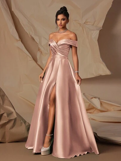 VIPGIRL Rose Gold Off-Shoulder High Slit Satin Long Evening Dress, Elegant Party Dress, Women's Fashion Dress, Formal Gown, Wedding Guest Dress, Prom Dress