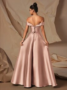 VIPGIRL Rose Gold Off-Shoulder High Slit Satin Long Evening Gown, Elegant Party Dress For Women,Women's Fashion Gown,Evening Dress, Wedding Guest Dress, Prom Dress - Hoa hồng vàng - Xem 2