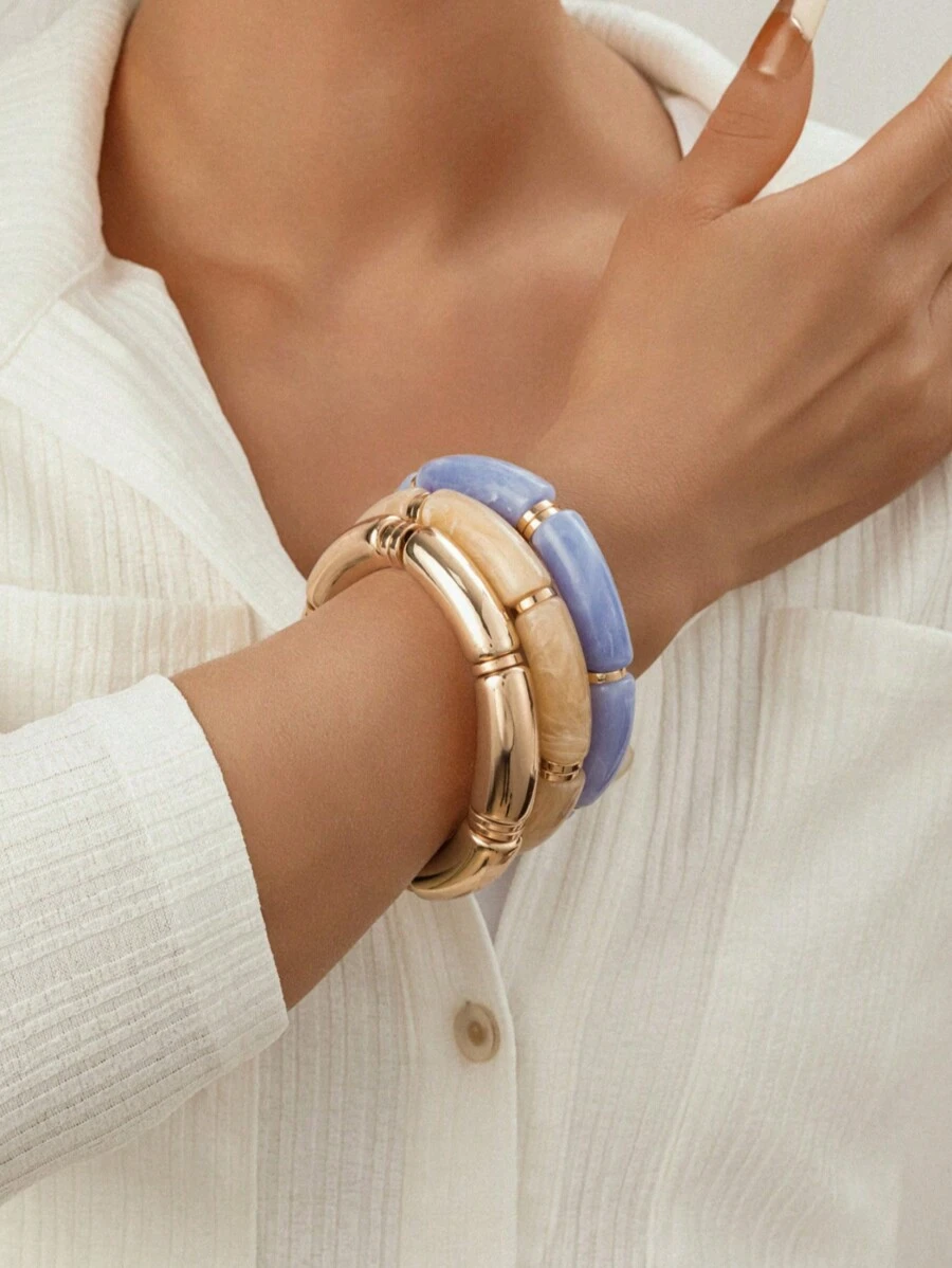 3 chiếc vòng tay hạt Acrylic nâu nhiều lớp cổ điển & vòng tay đá vàng bóng, dành cho các cặp đôi dự tiệc hàng ngày