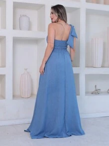 Victoria Long Luxury Dress Plain Duna Linen With Bow One Shoulder - Baby Blue - View 2