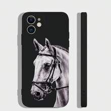 1pc White Horse Design Black Silicone Phone Case Compatible With Apple Iphone 12mini/13mini/15promax/14promax