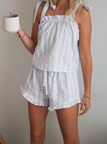 Conjunto de pijama sin mangas para mujer, top de tirantes a rayas y shorts a juego. Pijama de dos piezas. - Azul - Ver 3