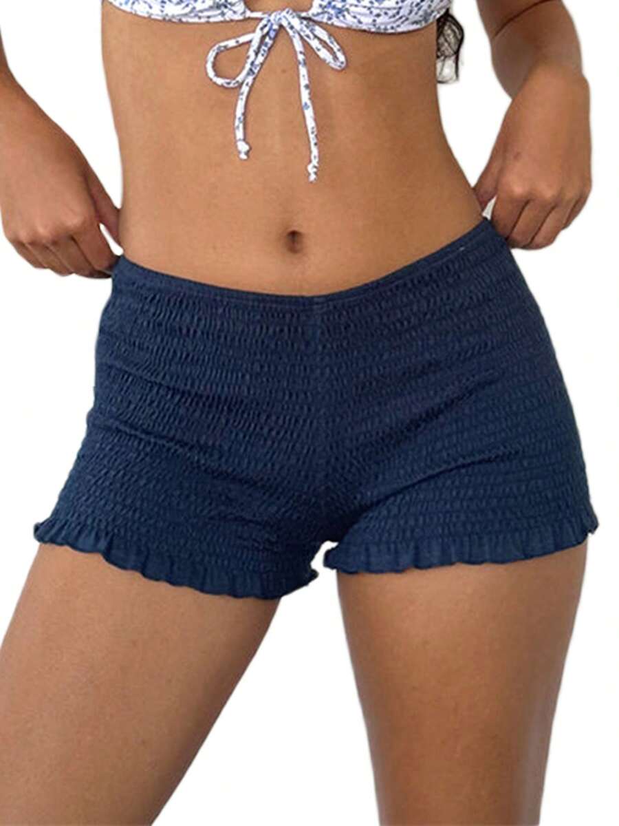 Women's Shirred Shorts Casual Elastic Waist Solid Color Ruffled Short Pants For Summer - Royal Blue - View 1