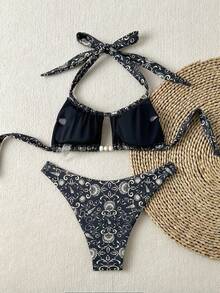 2025 Kobiety 2szt/zestaw Stroje kąpielowe Stroje kąpielowe Halter Bikini Set, Wygodne poliestrowe modne majtki z nadrukiem ze ściągaczem Wysokie cięcie Strój plażowy