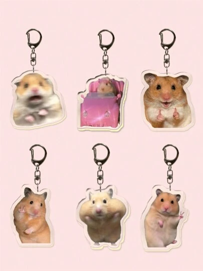 6件全新亚克力创意表情包，趣味可爱仓鼠主题钥匙扣吊坠，耶！仓鼠，红薯仓鼠，包包配饰，书包配饰，钱包吊坠。日常包包配饰，包包挂饰，挂绳，钥匙扣。非常适合男朋友、女朋友、家人、医生、护士、派对、手机装饰等等。汽车配饰、动物万圣节配饰、教师节、圣诞节礼物。